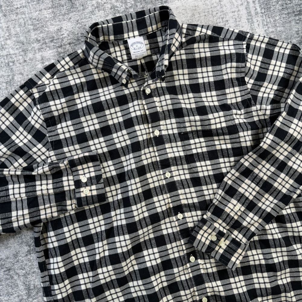 Brooks Brothers Flannel Shirt Mens XL Black Gray Plaid Regent Fit Button Down